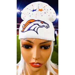 Denver Broncos White Beanie design with Logo, Blue & Orange Stars & Rhinestones